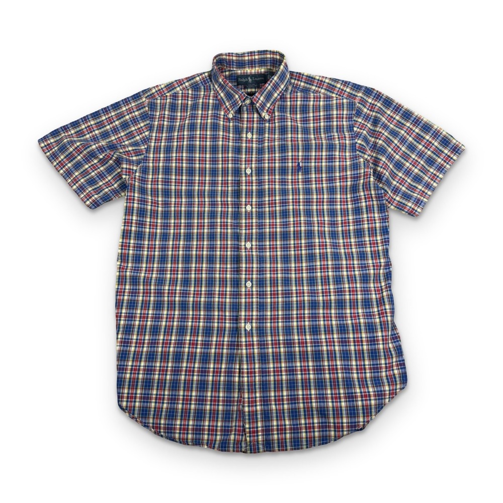 Vintage Ralph Lauren Button Down Shirt Mens L Blue Red Plaid Short Sleeve Cotton